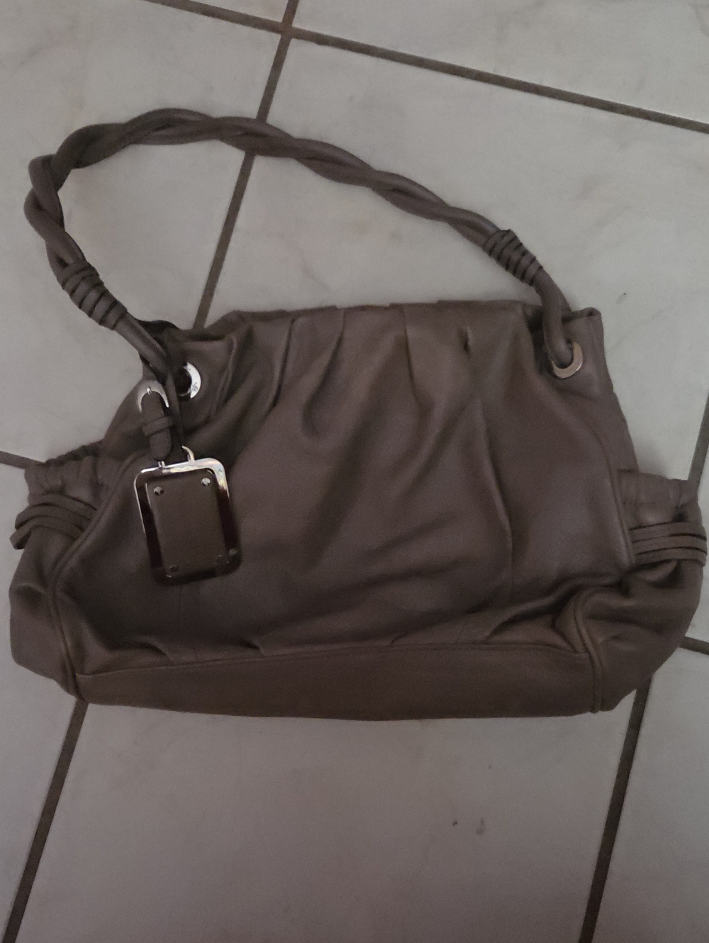 Braided-Handle Shoulder Bag in Taupe Very Nice Leather